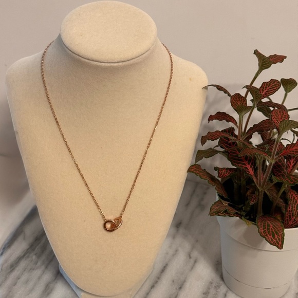 NWOT 925 Sterling Silver Double Circle CZ Necklace 8” Rose Gold Interlocking - Picture 2 of 14